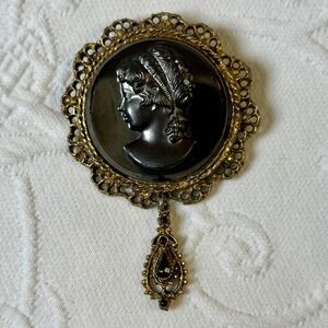 Vintage 50s Black Hematite Intaglio Cameo Brooch Pendant Gold Tone Mourning Pin